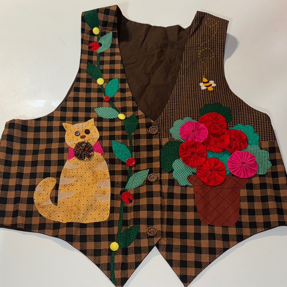 Fun Handmade Checkered Vest with Cat and‎ Floral Design